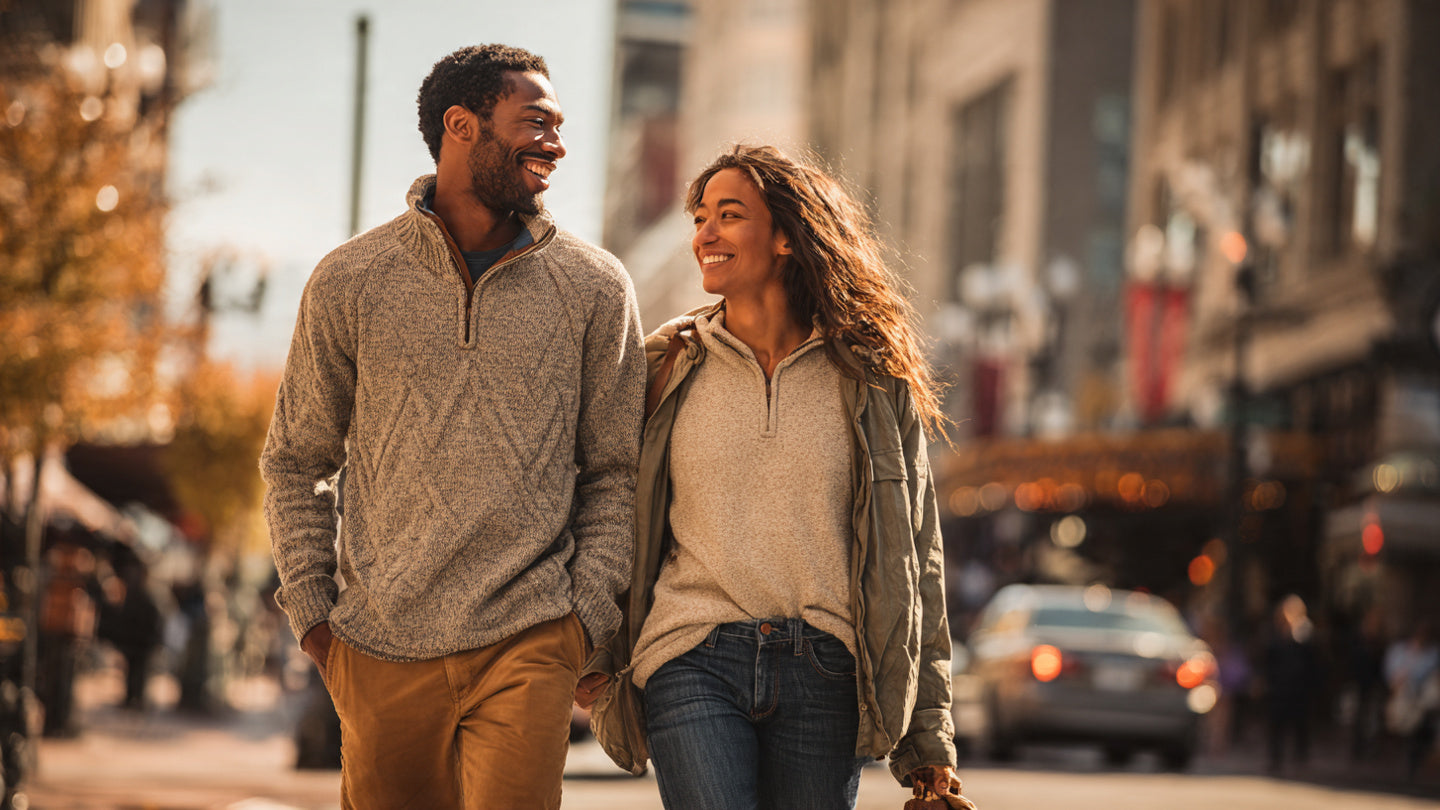 Two people walking in a city wearing knit and fleece quarter zip sweaters with casual outfits.
