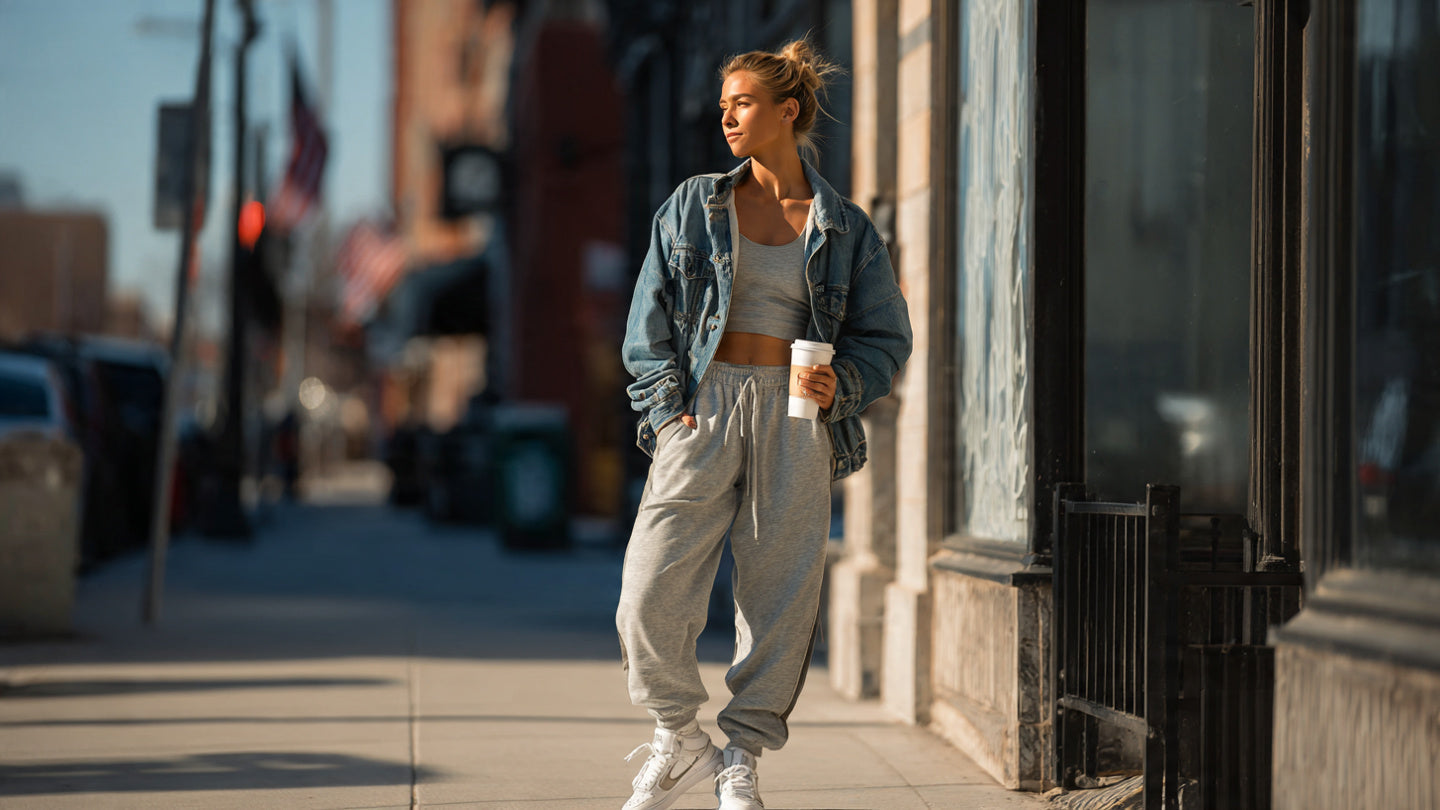 Three people walking in a city wearing grey sweatpants, black joggers and a matching sweat set.