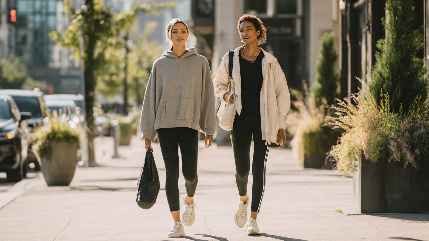Two women walking in the city wearing black leggings and flared leggings with casual outfits.