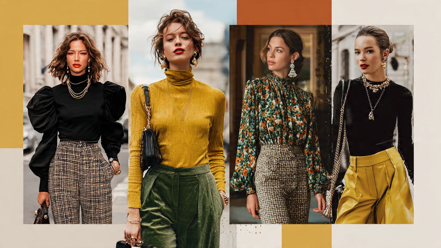 Three women walking in the city wearing long sleeve going out tops, a velvet mini dress and a sweater dress.