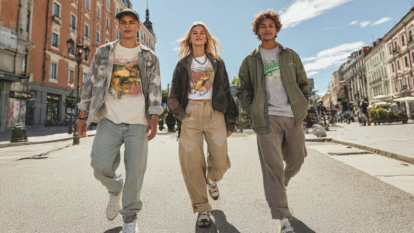 Three people walking in the city wearing different styles of graphic T-shirts and casual outfits.