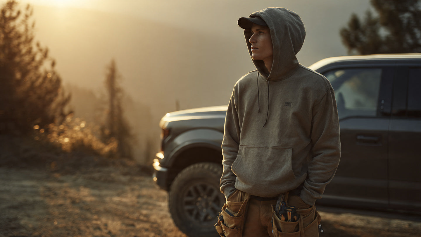 Person in a rugged workwear hoodie standing next to a pickup truck at sunrise with mountains in the background.