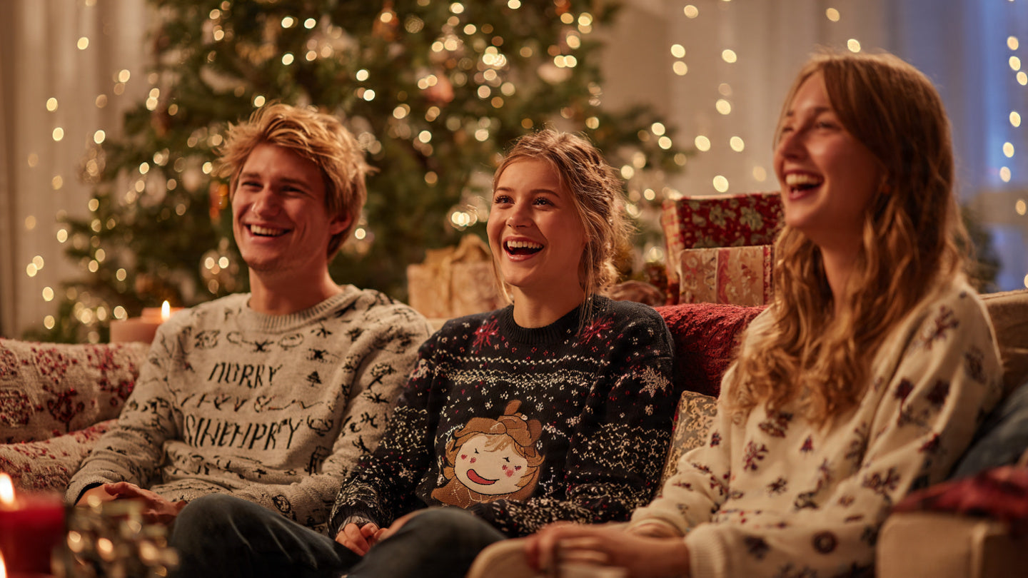 Three people in Christmas sweatshirts sitting on a sofa in a cozy living room with a decorated tree and gifts.