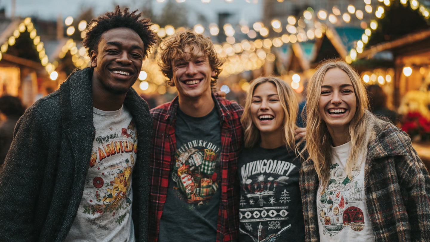 Four people at an outdoor holiday market wearing different holiday and fun graphic T-shirts under their jackets.