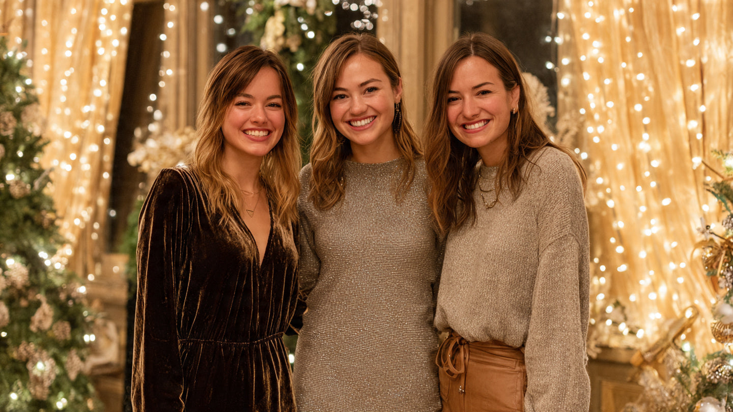 Three women at a holiday party wearing a velvet dress, a sweater dress and a long sleeve going-out top outfit.