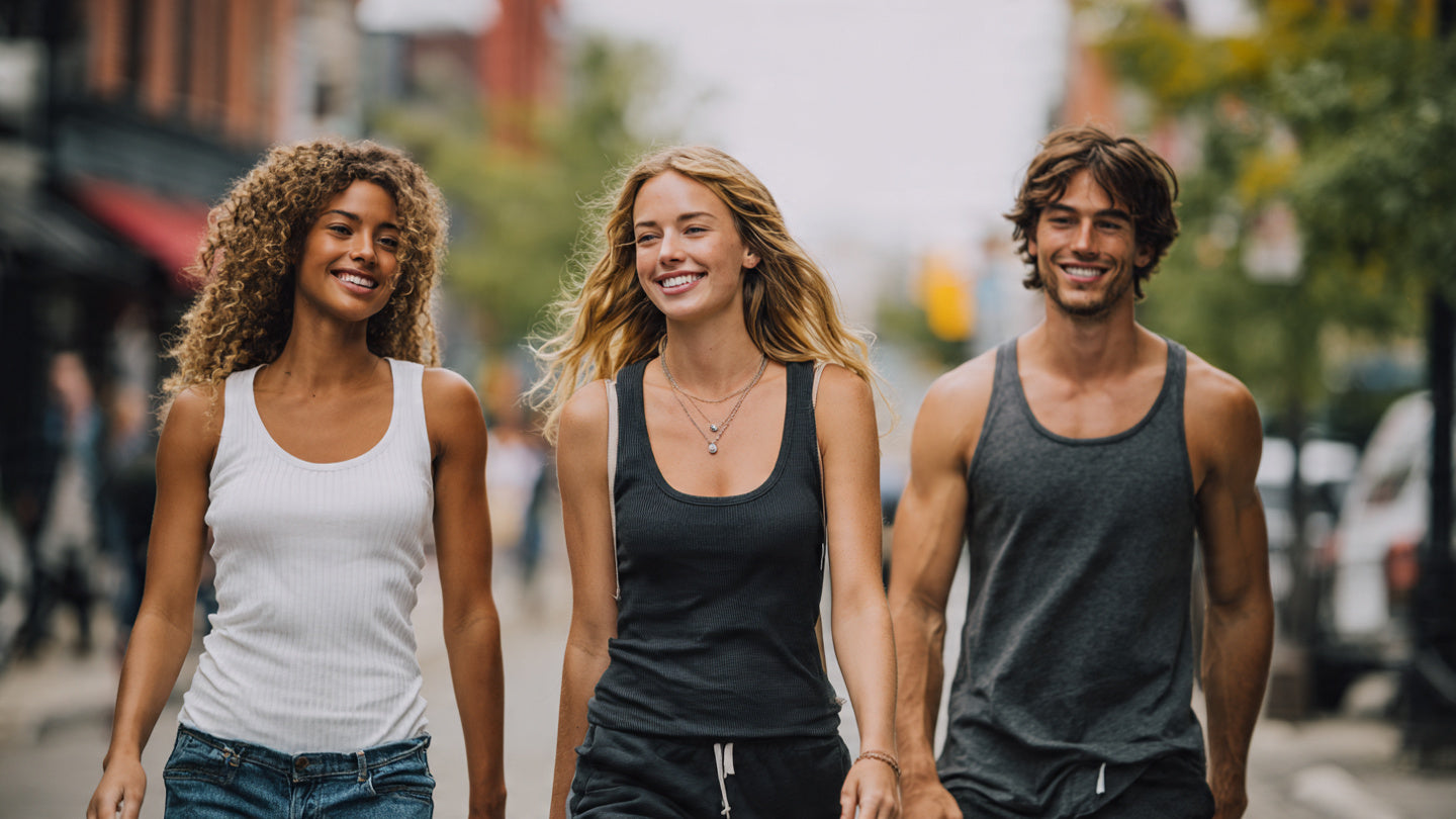 Three people in different tank top outfits walking together on a city street.