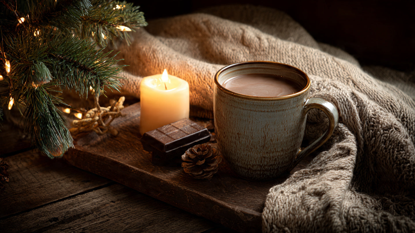 Cozy christmas candles burning on living room table with pine decor and warm lights