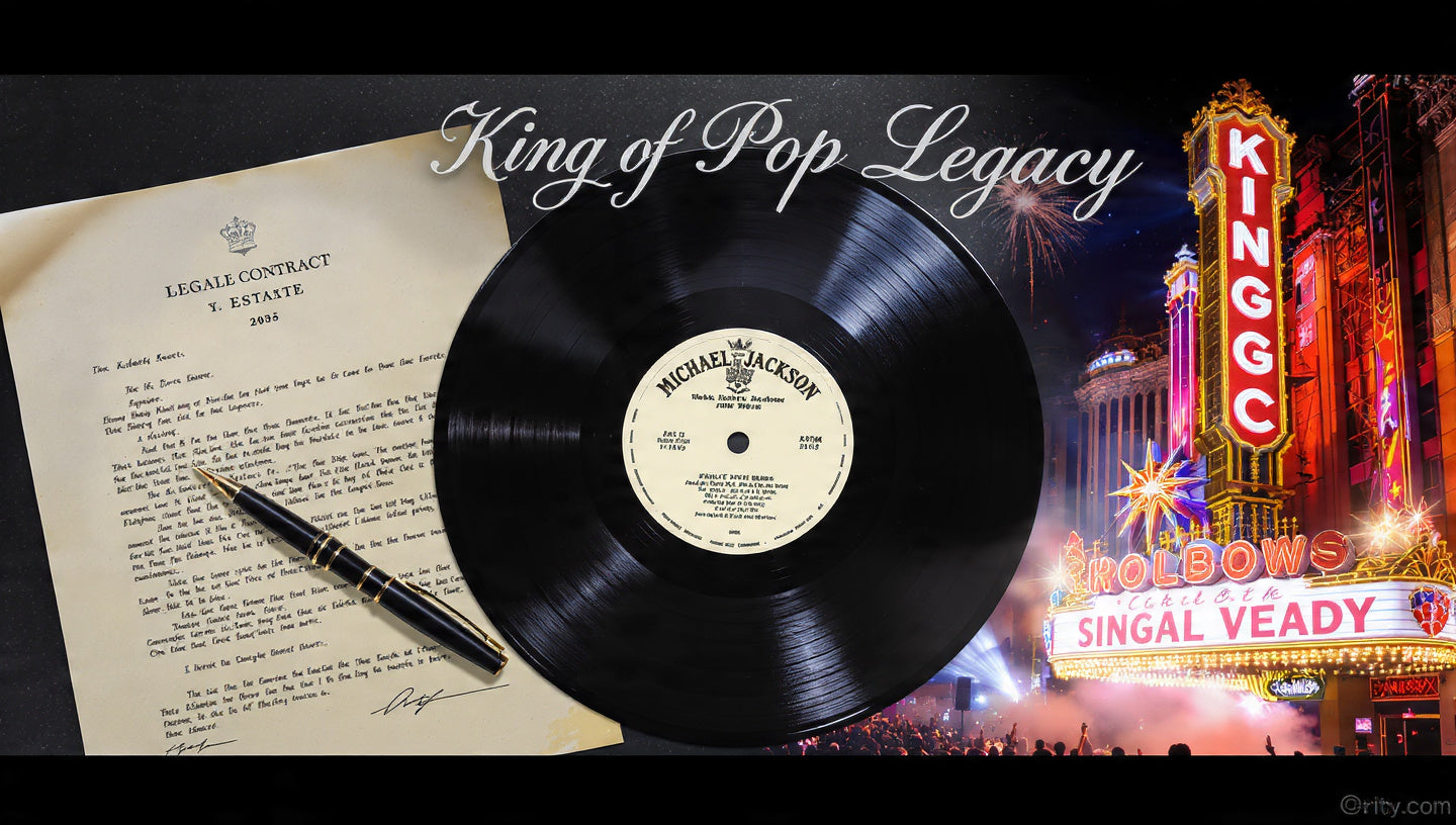 Collage of a vinyl record, legal contract, Broadway marquee and Las Vegas stage under the words Michael Jackson Legacy