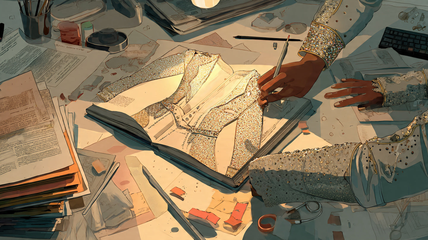Costume designers sketching a sparkling stage jacket on a table surrounded by fabric and crystals