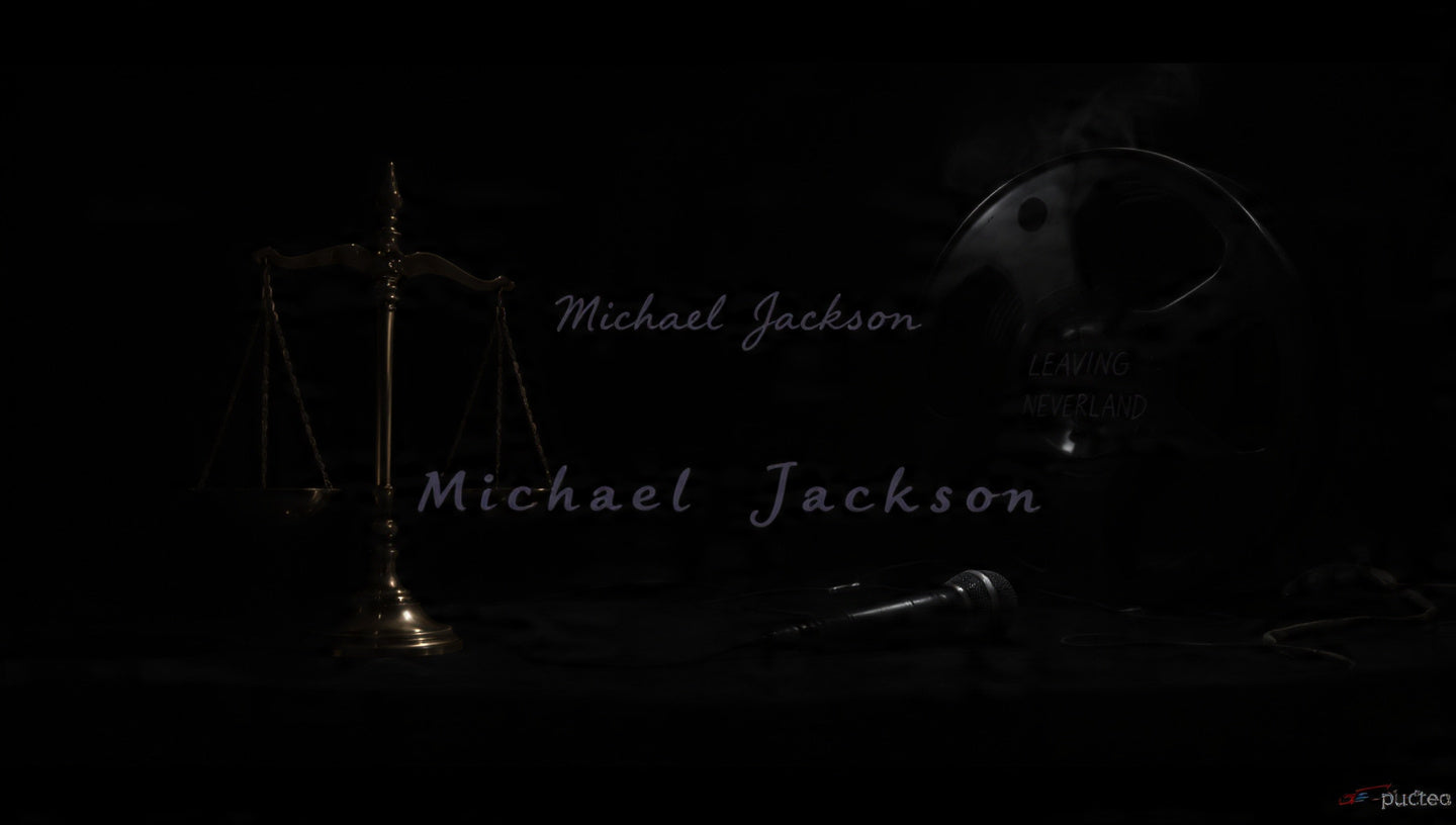 Scales of justice, a film reel labeled Leaving Neverland and a shadowed microphone representing the Michael Jackson controversy