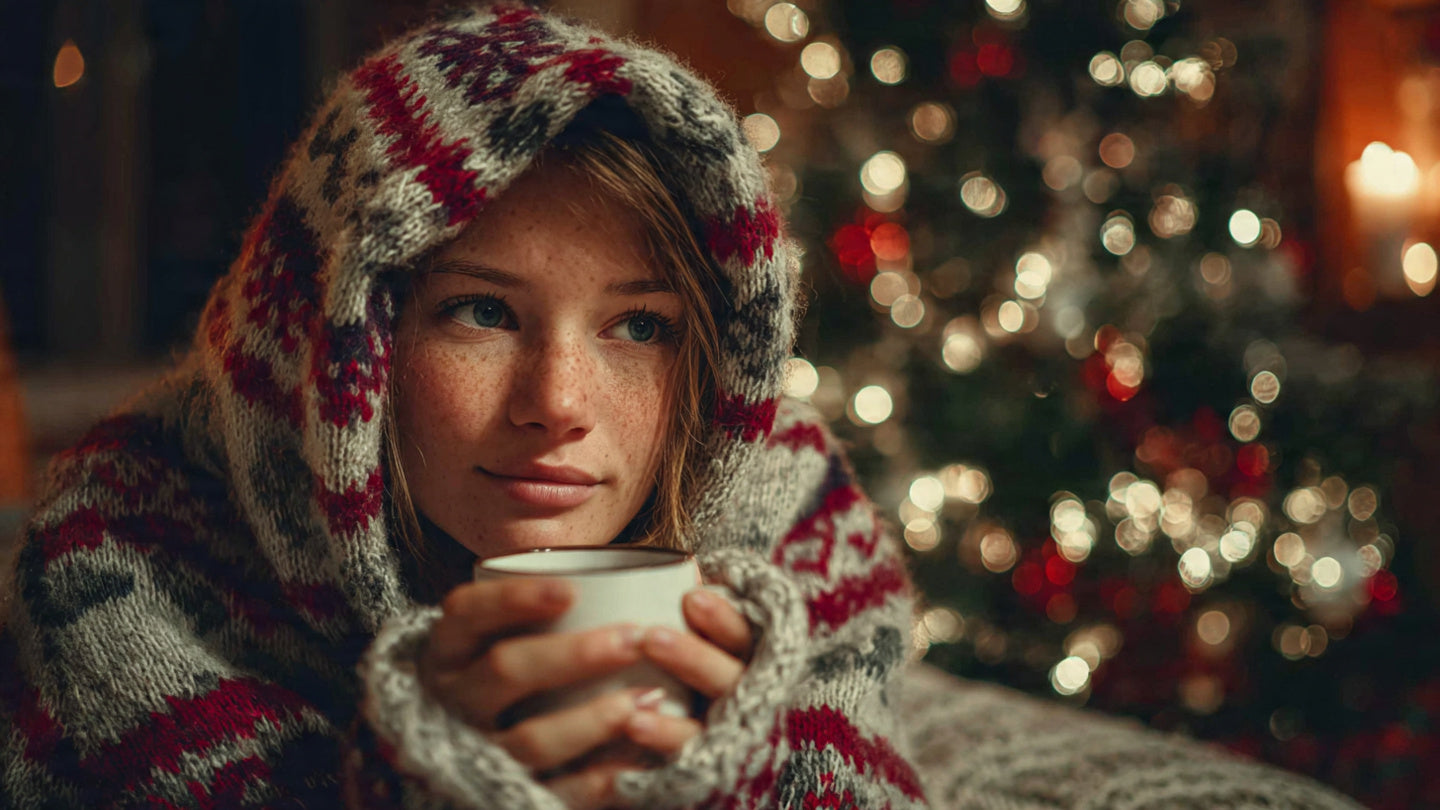 Woman wearing christmas blanket hoodie sitting by christmas tree holding cocoa