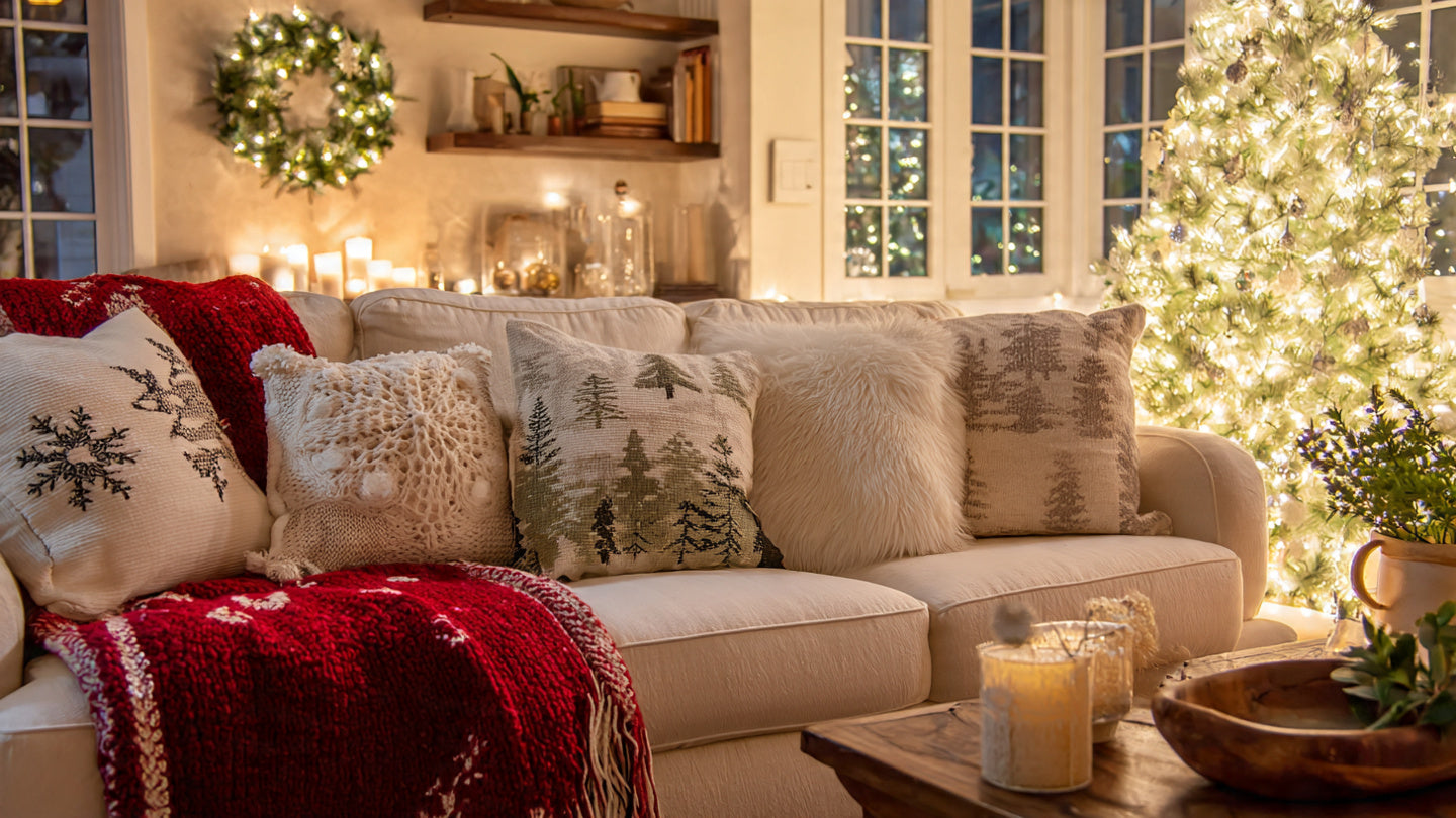 Woman wearing christmas blanket hoodie sitting by christmas tree holding cocoa