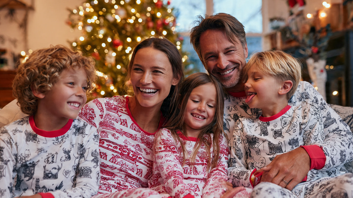 family wearing matching christmas pajamas sitting on bed near christmas tree