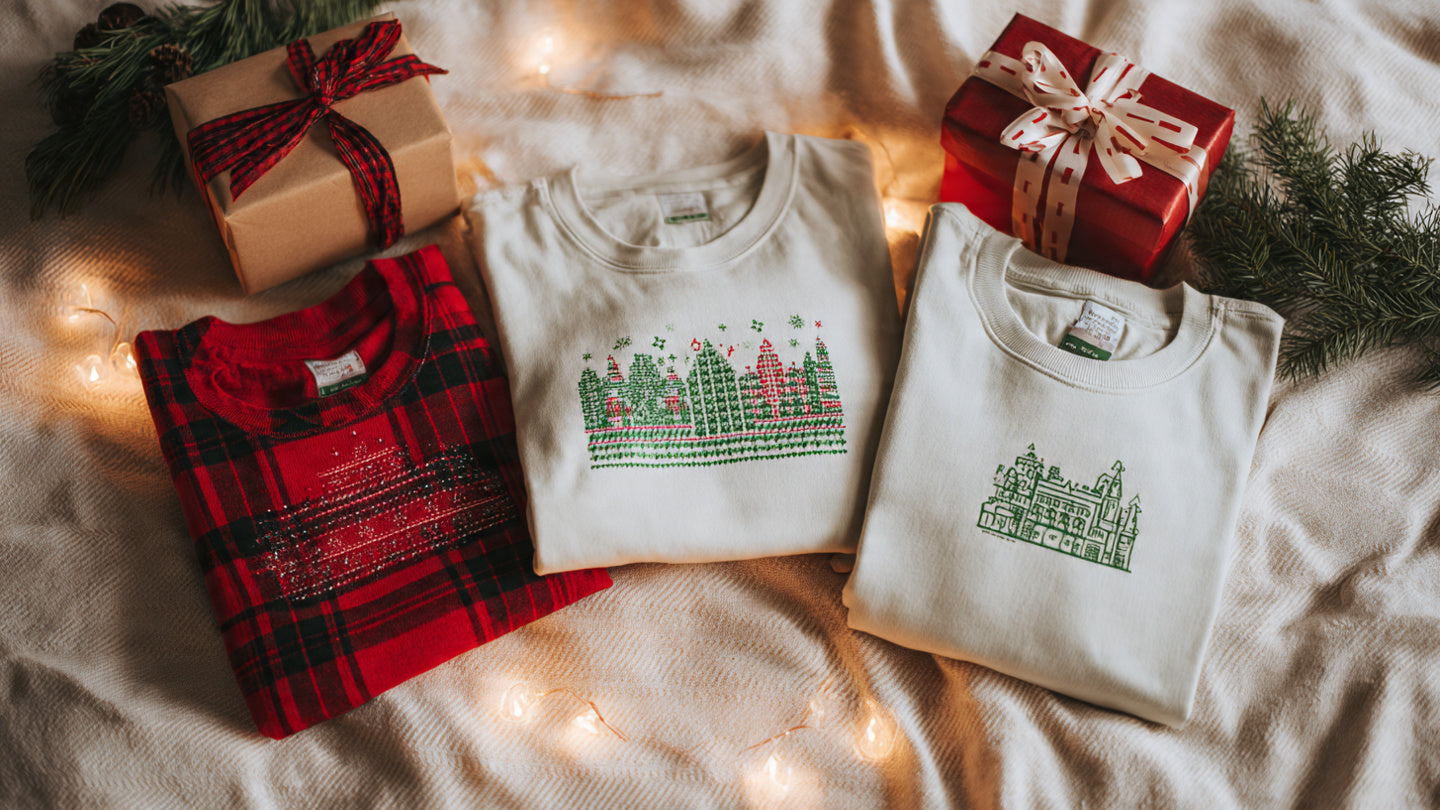 flat lay of christmas t-shirts with festive holiday designs and decorations