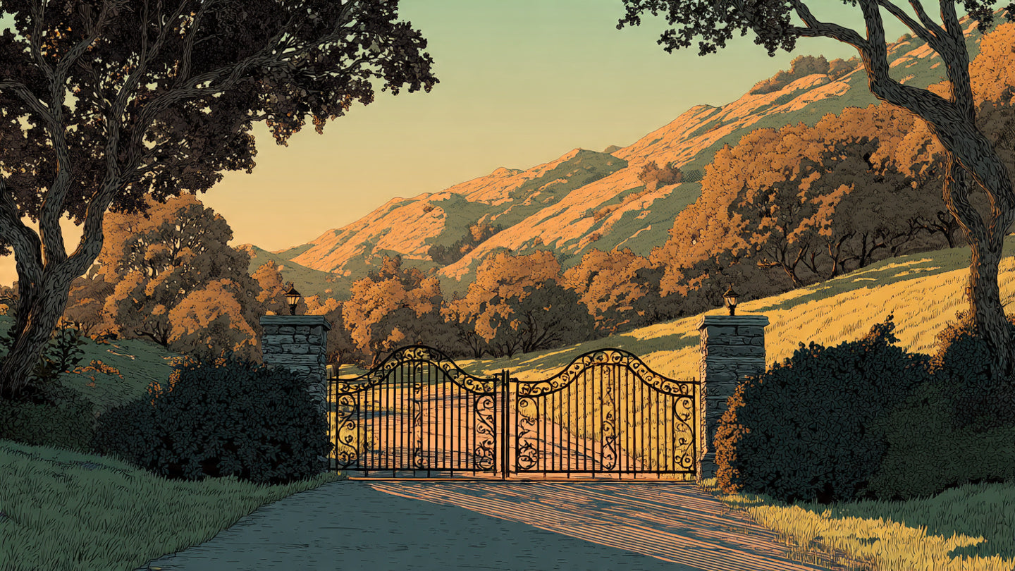 Collage of a small brick house, a large ranch gate and a peaceful memorial garden representing important places in a musicians life