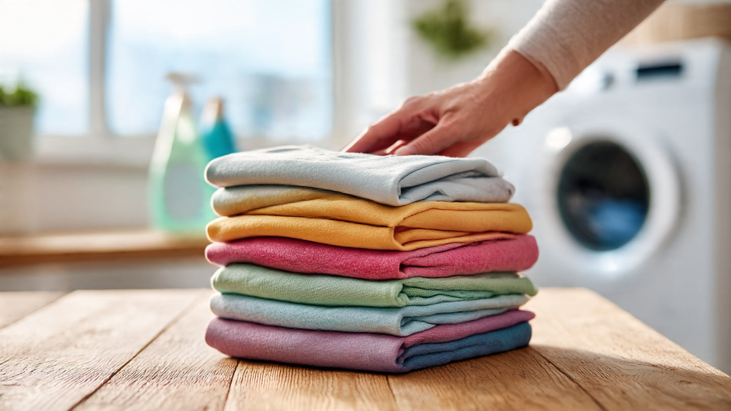 Stack of colorful printed and embroidered T-shirts with mild detergent and a washing machine in the background, illustrating how to wash and care for graphic tees