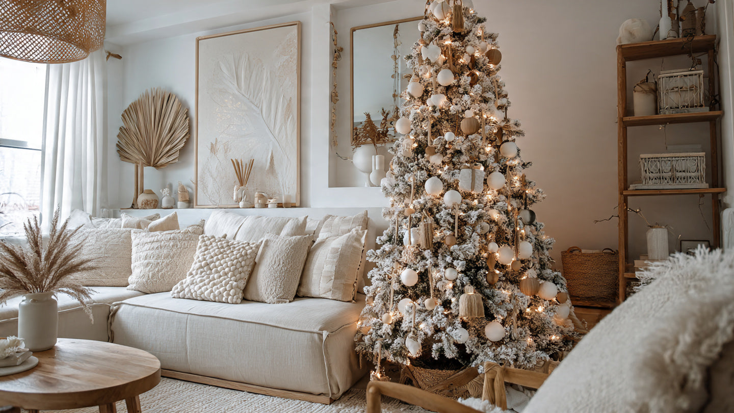 Modern minimalist christmas tree with wooden ornaments and linen ribbons in neutral living room