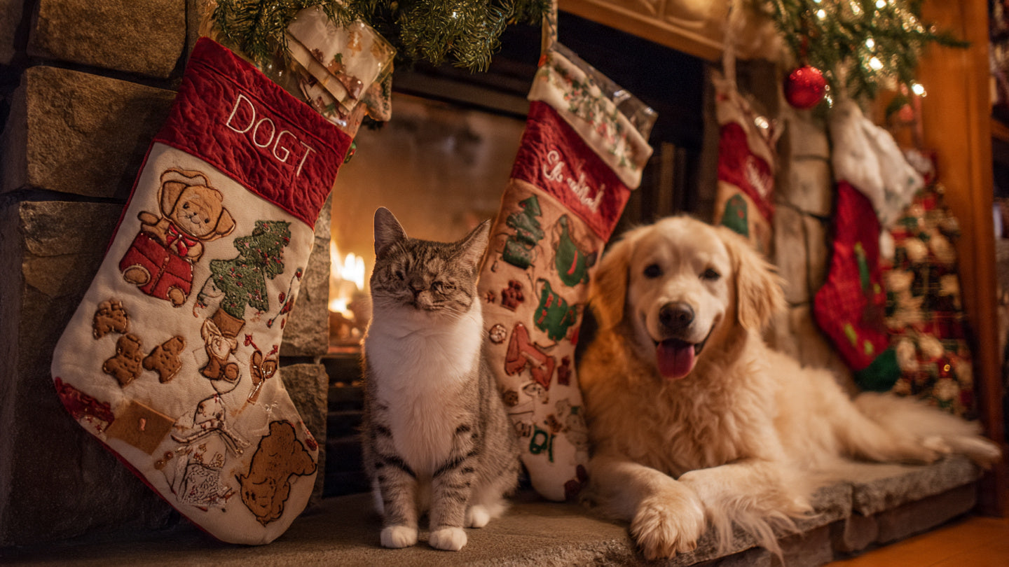 Fireplace with christmas stockings hanging and warm festive lighting