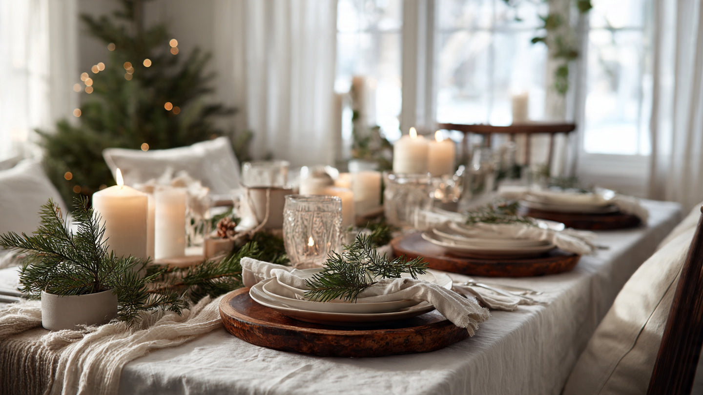 Modern minimalist christmas table setup with candles pine and neutral ceramics