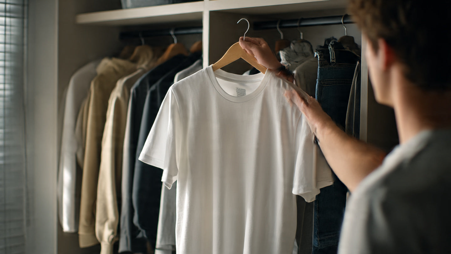 Young adult holding a graphic T-shirt in front of a wardrobe with blazers, hoodies and jeans, illustrating how to style one tee in many outfits.