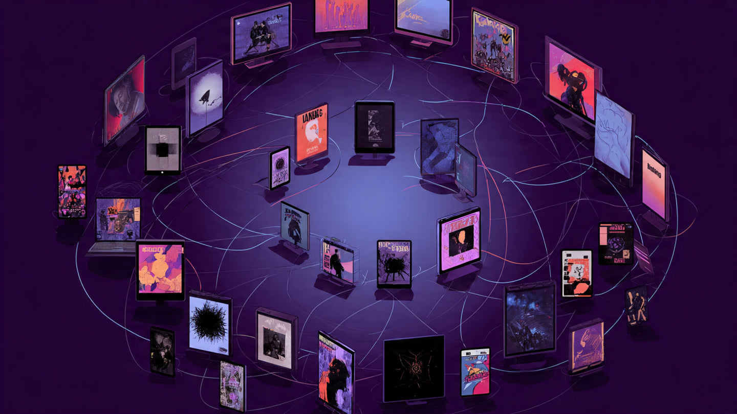 Collage of a phone with TikTok interface, a laptop showing Michael Jackson performance and fan art thumbnails around them