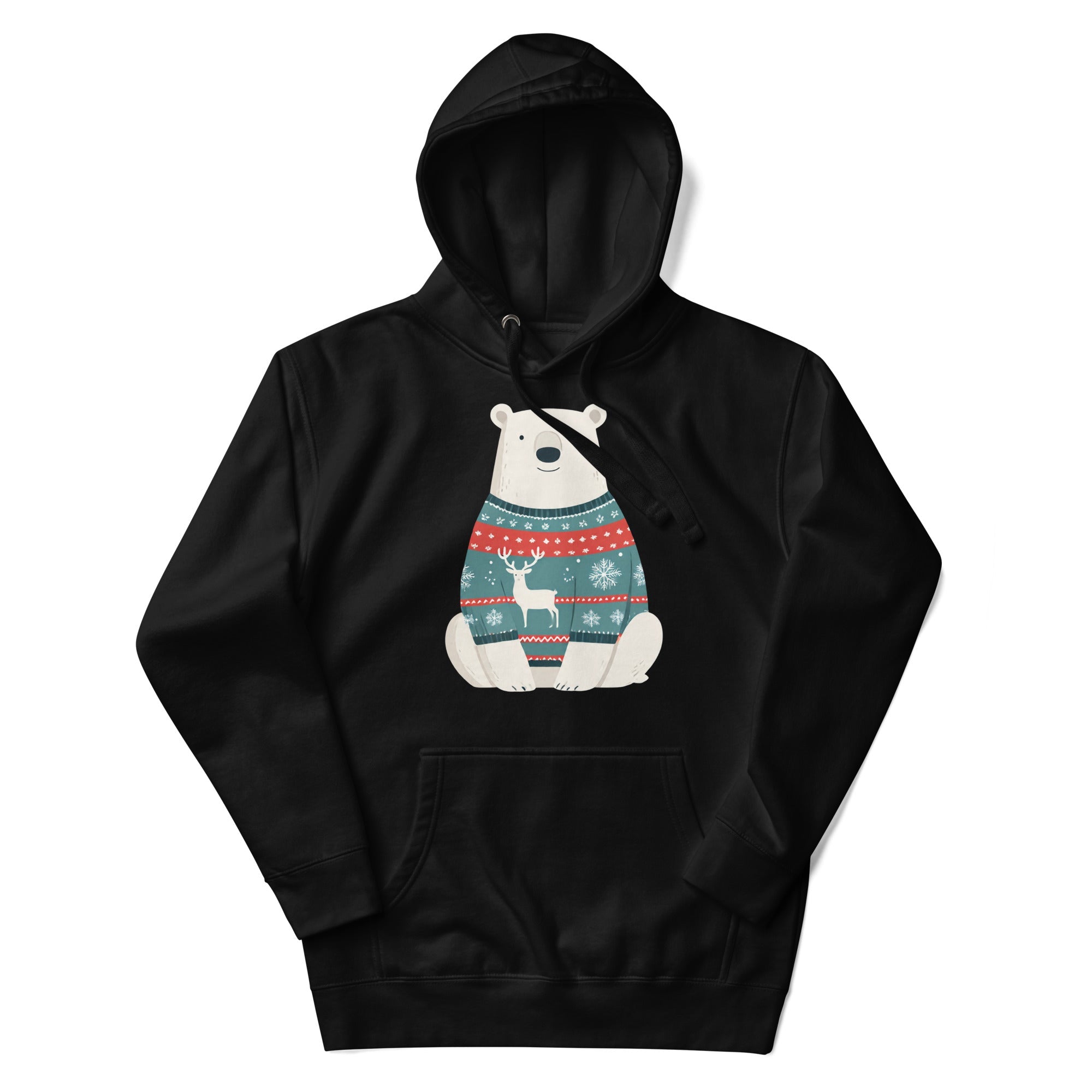 Hoodie with cute polar bear wearing a teal and red ugly Christmas sweater illustration on the front