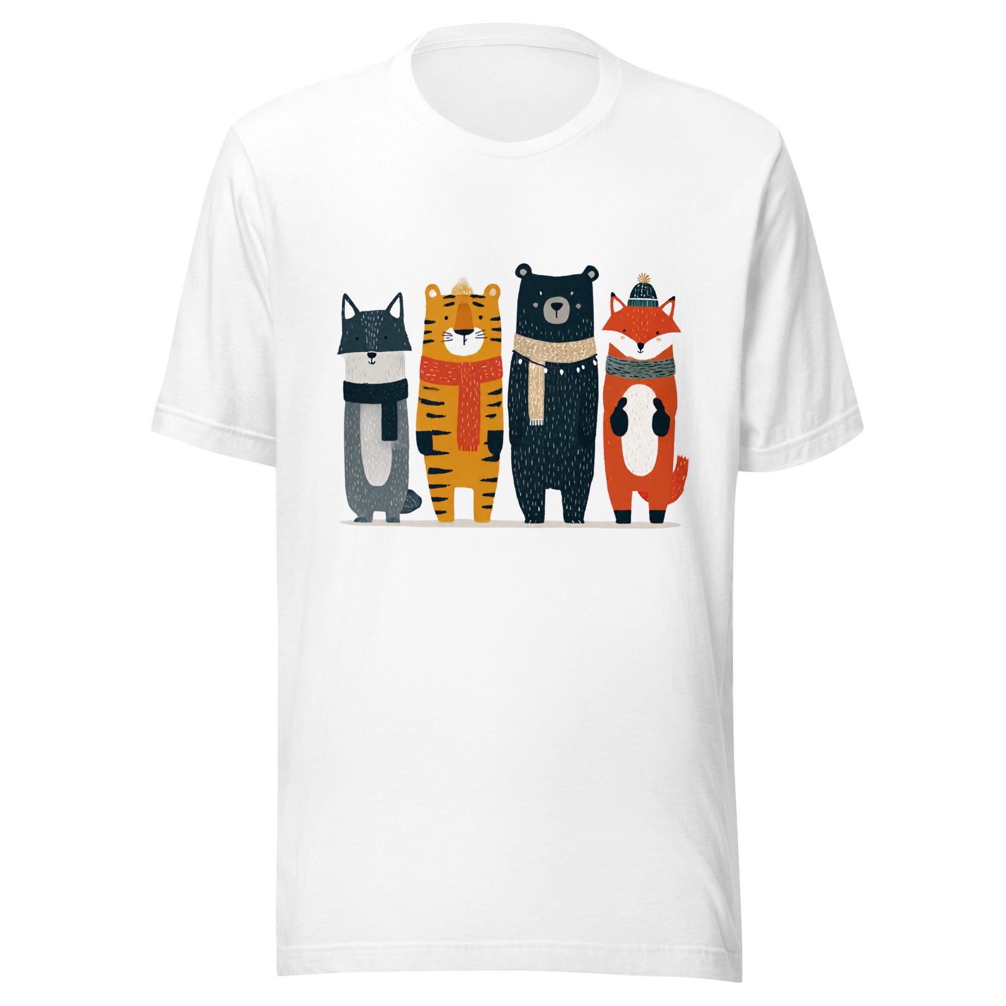 Cozy winter animal squad t-shirt with cute wolf, tiger, bear and fox illustration on white unisex tee