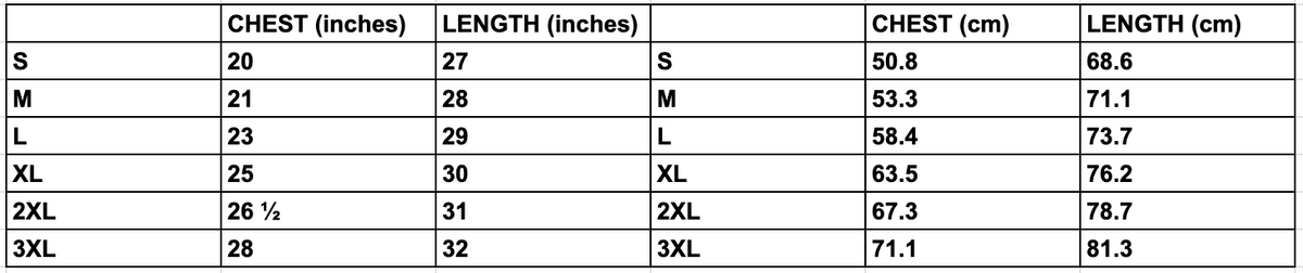 Hoodie size chart