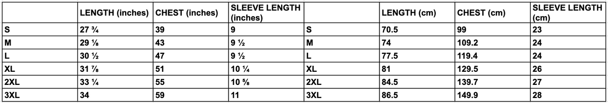 Sweatshirt size chart