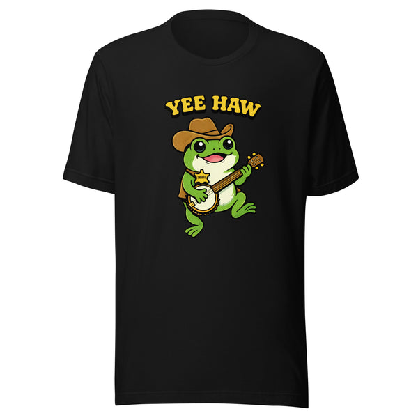 Yee Haw Cowboy Frog T-Shirt Funny Western Toad Meme Retro Cartoon Style Unisex Banjo Player Sheriff Animal Graphic Tee Cottagecore Gift
