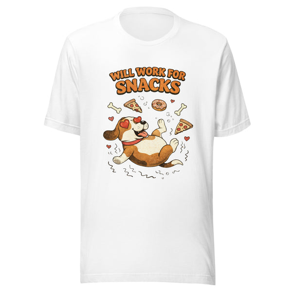 Will Work For Snacks T-Shirt Funny Beagle Dog Meme Retro Cartoon Style Unisex Foodie Puppy Graphic Tee Dog Dad Gift